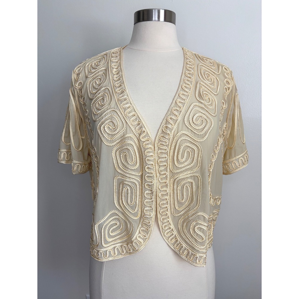 Soft Surroundings Cream Soutache Embroidered Mesh Shrug XL Short Sleeve Cropped